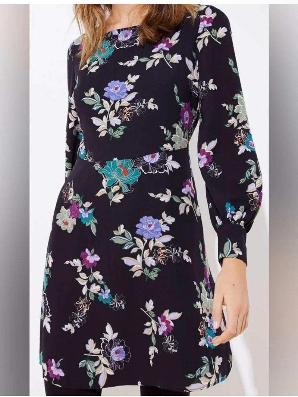 LOFT Black Floral Square Neck Long Sleeve Knee Length Dress Women's 8P NEW